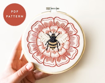 Bumble Bee Rose Embroidery Pattern: Beginner Friendly (PDF Pattern)