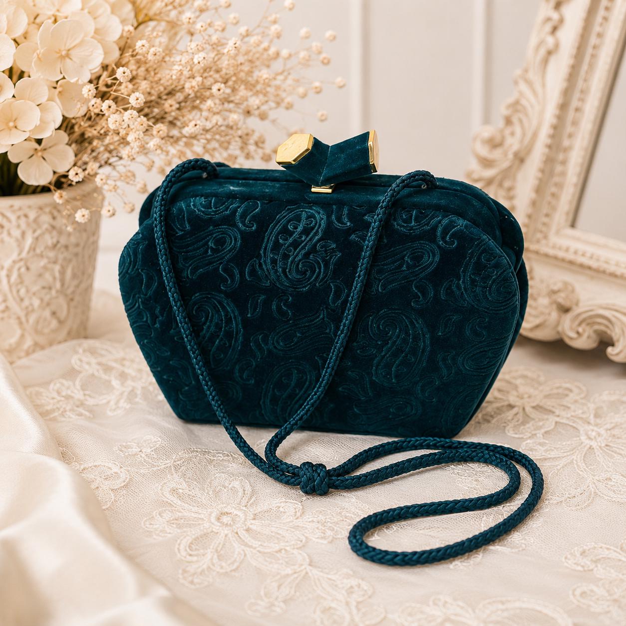 Vintage Susan Gail Paisley Velvet Evening Bag, Gold Clasp, Made in