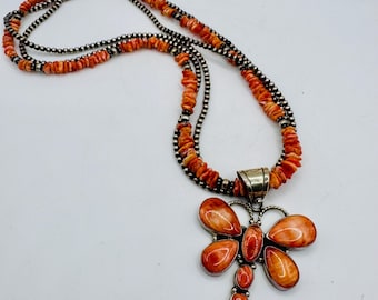 Signed Daniel Mike Sterling Coral Dragonfly Necklace Native American Navajo Pearl Multi Strand Southwestern Statement Jewelry