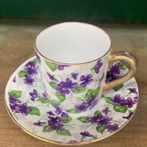 Vintage Inarco Japan demitasse tea cup & saucer. Purple Violets Green Leaves Gold Trimmed Beautiful Small Espresso Shot Drink Bar Desert