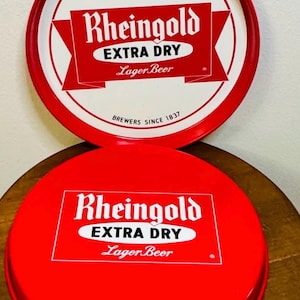 Vintage Rheingold Extra Dry Beer Trays – Set of 2 Red & White Barware Collectible, Brewery Advertising Serving Trays, Retro Beer Memorabilia