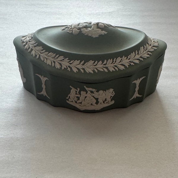 Vintage Wedgewood Sage Green Jasperware Oval Lidded Trinket Box