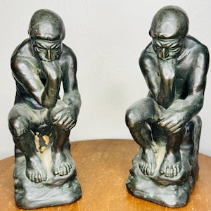 Vintage The Thinker Bookends – Rodin Style Cast Metal Sculpture Book Ends – Bronze Finish – Heavy Art Deco Library Decor – 9” Tall