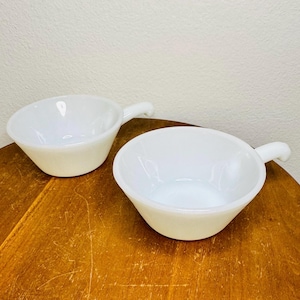 Vintage Glasbake White Milk Glass Handled Soup Bowls – Set of 2 – Mid-Century Fire-King Style Stacking Bowls – 12 oz USA Made