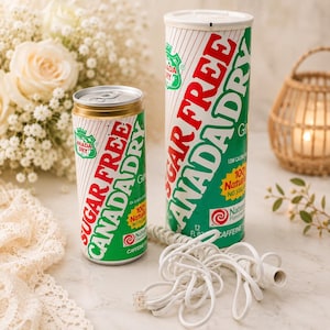 May include: A metal beverage can and a tall cylindrical container of Sugar Free Canada Dry ginger ale, both featuring green and white branding with red text, positioned next to a coiled white telephone cord on a marble surface.
