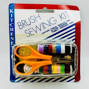 Vintage Brush Sewing Kit with Thread, Needles, Scissors, and More - Perfect for Travel and Home Use