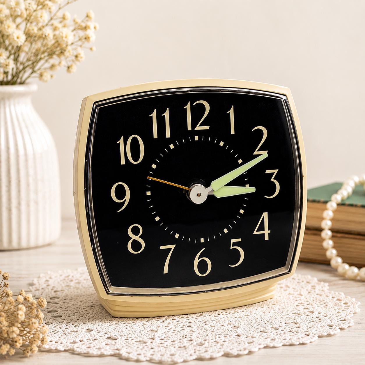 Vintage Westclox Wind up Alarm Clock Cream Black Face MCM Bedside