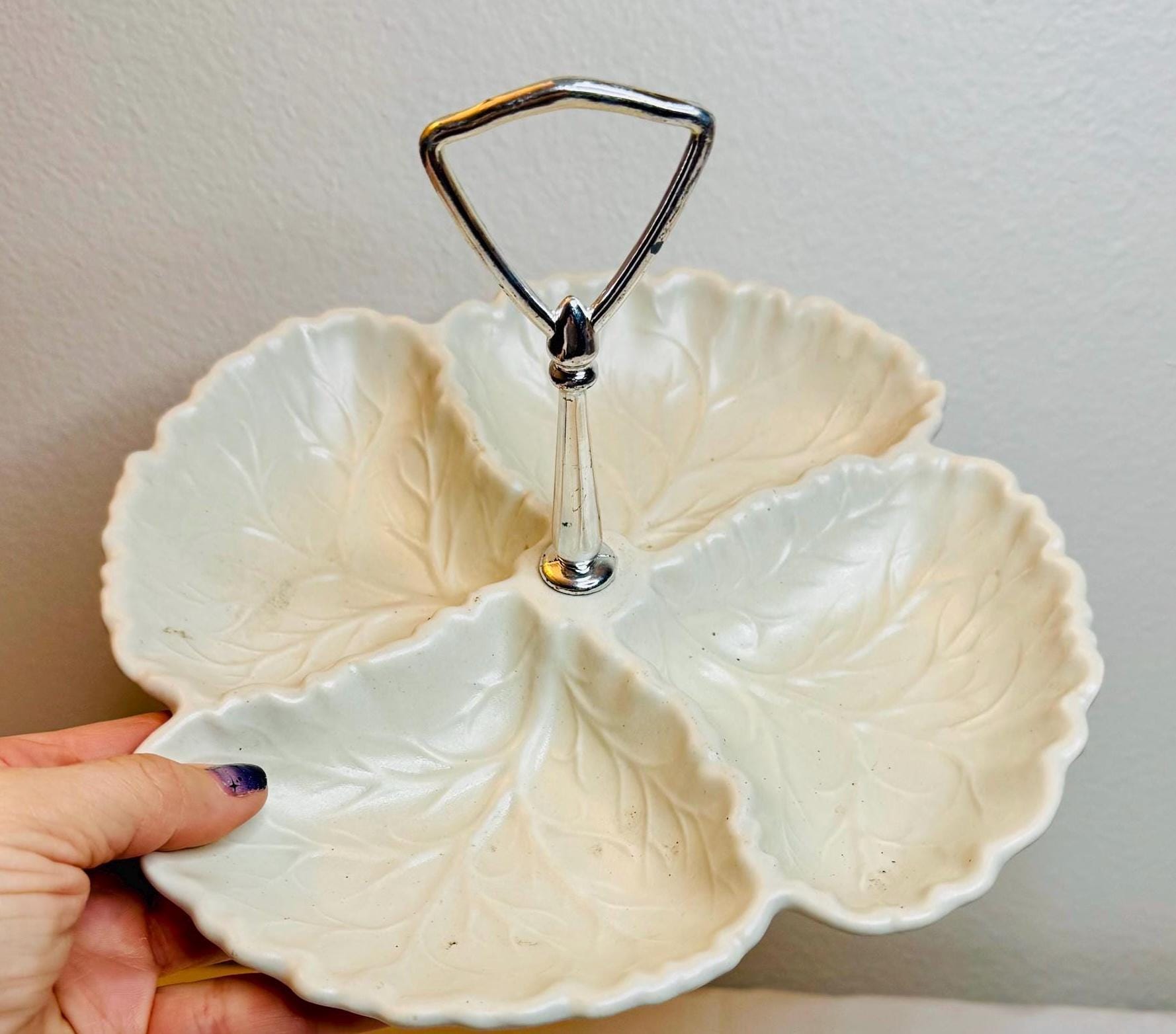 Vintage HAEGER Ceramic Leaf Divided Serving Dish With Handle