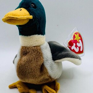 May include: A plush duck toy with a green head, yellow beak, and brown and white body. The toy has a Ty heart-shaped tag attached. The duck is a stuffed animal.