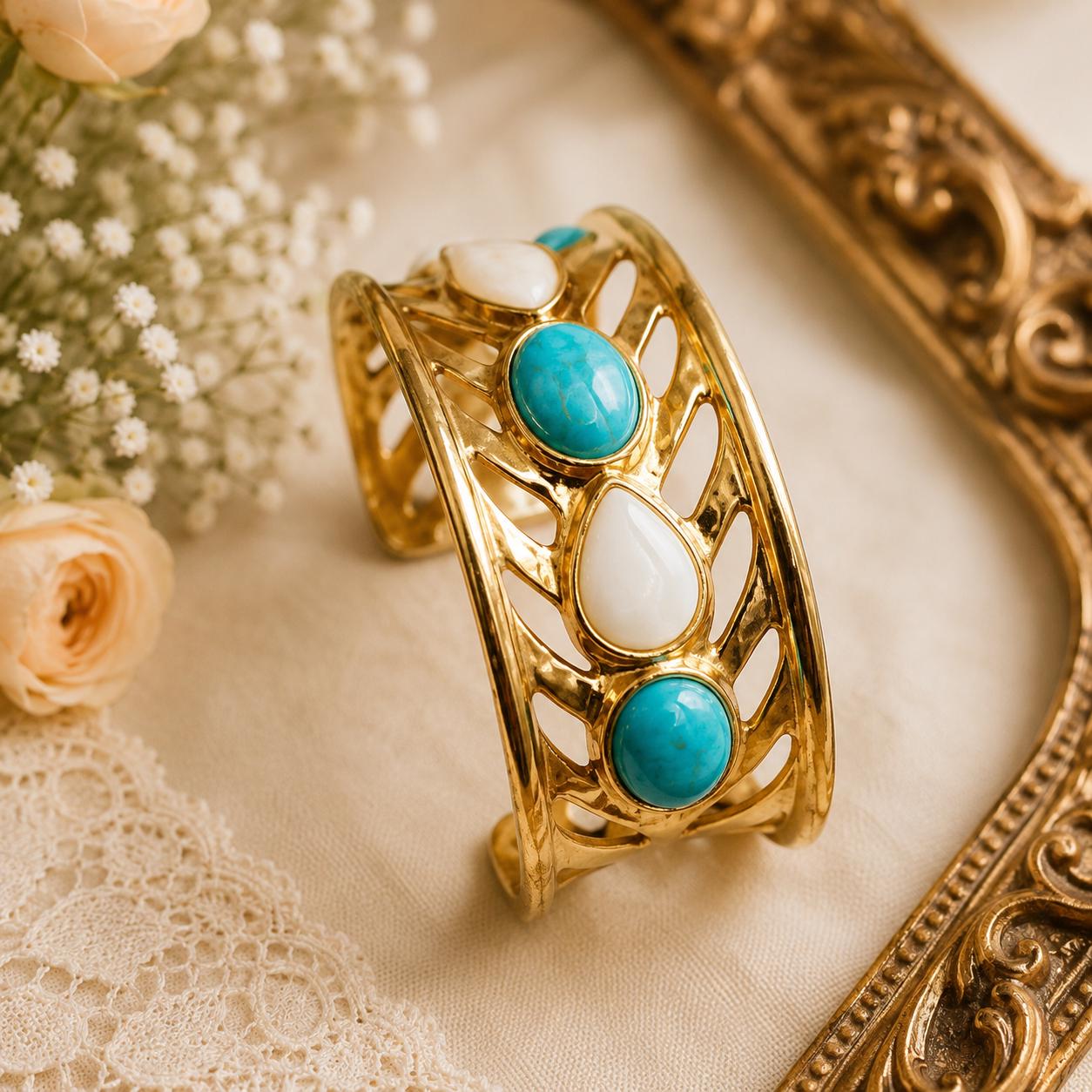Fabrizio Giannone Turquoise Mother of Pearl Cuff Bracelet Gold  display picture 1