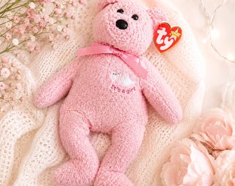 Ty Beanie Baby "Baby Girl" Bear – Pink Plush, Stork Embroidery