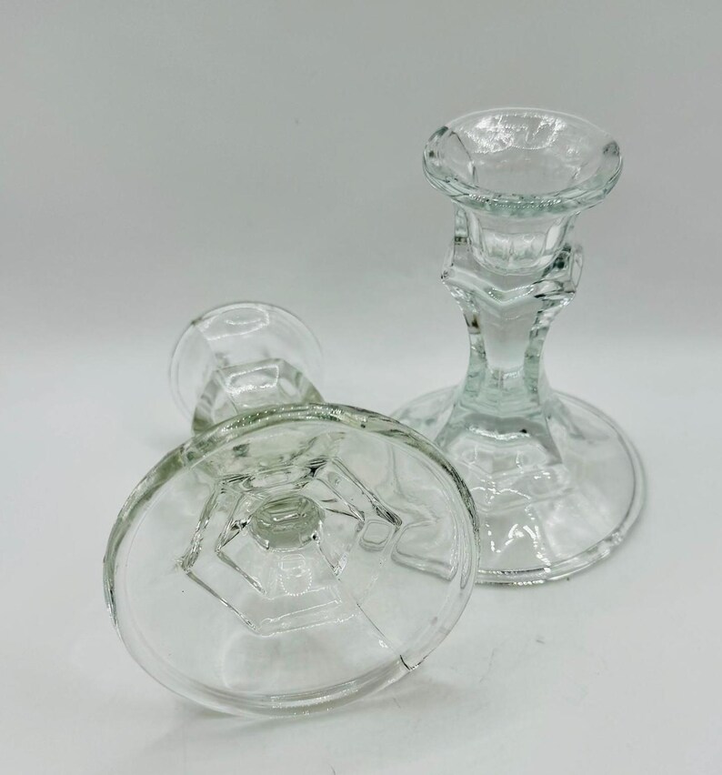 Vintage Clear Glass Candlestick Holders Set of 2, Pressed Glass Candle ...