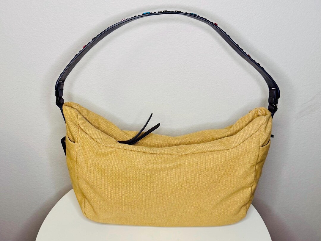 Vintage David Scotti Canvas Shoulder Bag: Embellished Leather Strap ...