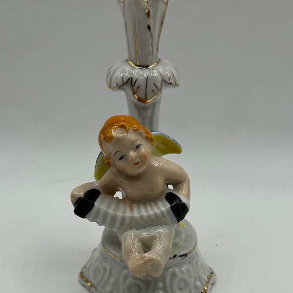 Occupied Japan Vintage Small Bud Vase Cherub Angel Playing Accordion Ceramic 4”