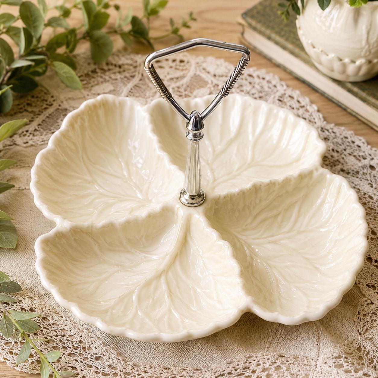 Vintage Haeger 8044-H Leaf Relish Tray Ivory Ceramic Divided