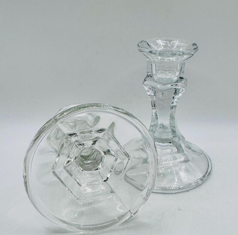 Vintage Clear Glass Candlestick Holders Set of 2, Pressed Glass Candle ...