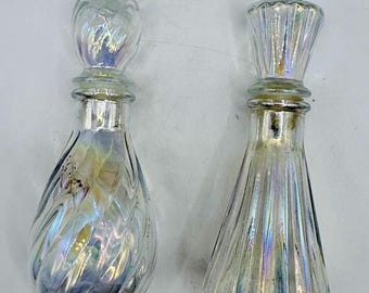 Vintage Iridescent Perfume Bottles Pair Opalescent Carnival Glass Mini Cruet Decanters with Stoppers Cottagecore Vanity Decor