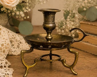 Vintage Brass Chamberstick Candle Holder – Star Deer Motif Ornate Candlestick 5”