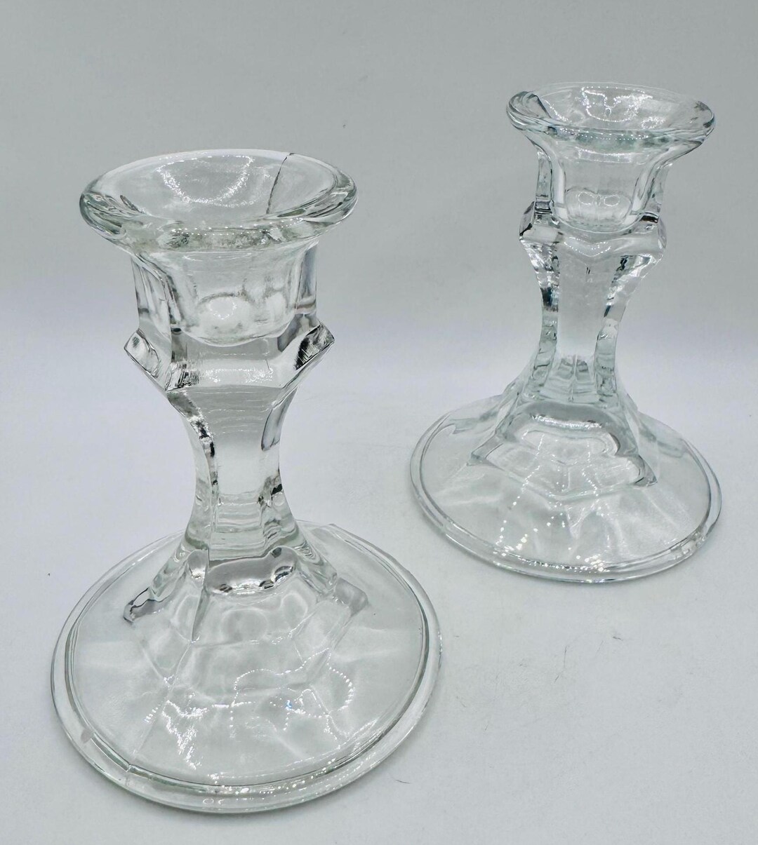 Vintage Clear Glass Candlestick Holders Set of 2, Pressed Glass Candle ...