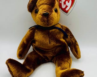 Ty Beanie Baby “TED-e” Bear – 2002 Brown Plush Teddy with Blue Ribbon – Vintage Collectible Beanie Babies – August 19, 2002