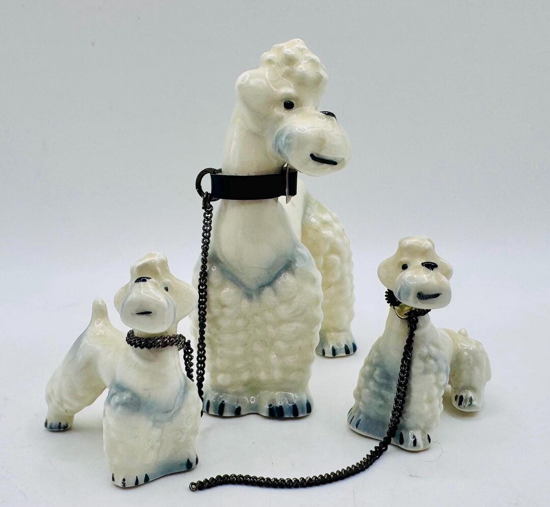 Vintage Ceramic Poodle Family: Spaghetti Fur, Mid-century Kitsch