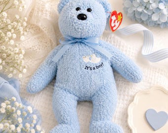 Ty Beanie Baby "Baby Boy" Bear: 2002 Blue Plush Teddy, Stork Embroidery