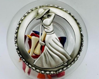 Vintage FORT Pewter Vanity Jar: Lady Golfer Lid, Trinket Holder