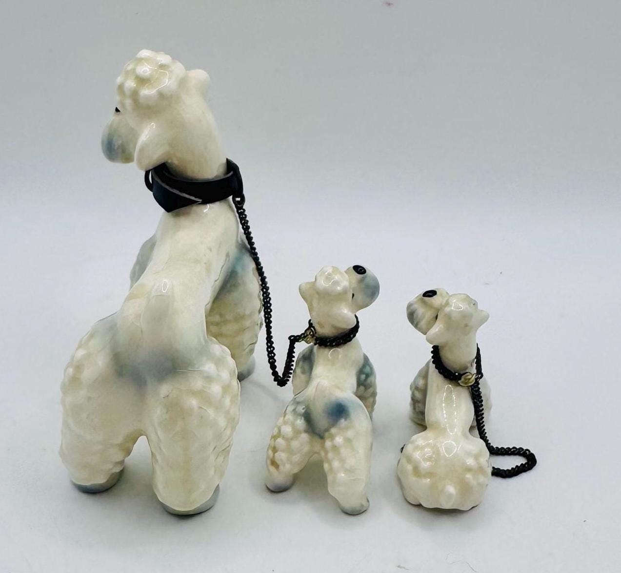 Vintage Ceramic Poodle Family: Spaghetti Fur, Mid-century Kitsch