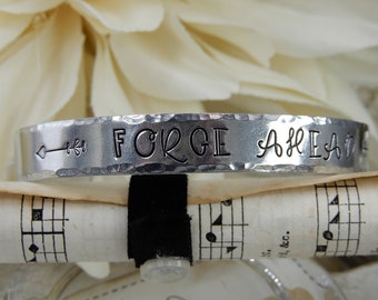 Forge Ahead Stamped Aluminum Cuff Bracelet: Inspirational Gift