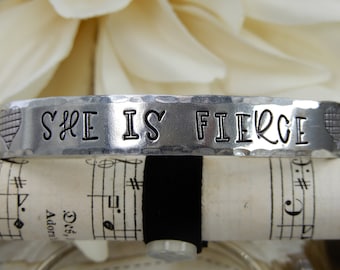Stamped Aluminum Cuff: 'She Is Fierce' - Inspirational Gift