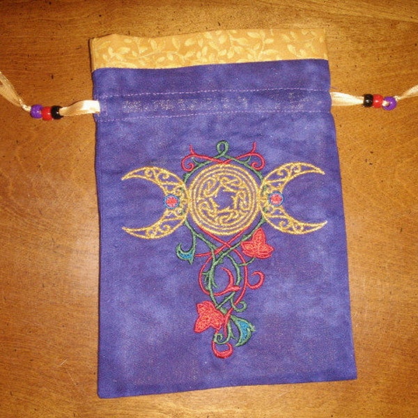 Maiden, Mother, Crone - Embroidered Triple Moon Tarot, Crystal or Rune Keeper Bag