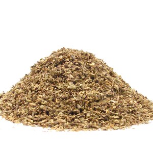 May include: A pile of dried oregano, a common herb used in cooking. The oregano is a mix of green and brown, with a slightly textured appearance. The image is set against a plain white background.