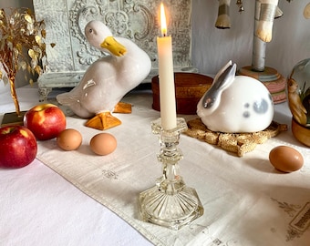 Vintage Citrine Glass Candlestick • Pale Amber Pressed Glass Taper Holder • Sunburst Base Candleholder • Easter Springtime Cottage Table