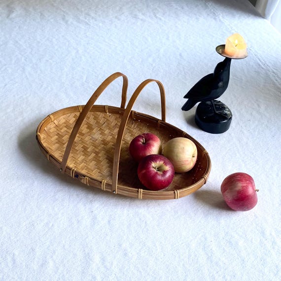 Vintage Woven Bamboo Basket: Rustic Farmhouse Tray with Swivel Handles
