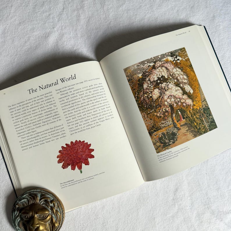 May include: An open book displaying the title "The Natural World" on the left page. The right page shows a colourful garden illustration. A bronze lion-head bookend is at the bottom.