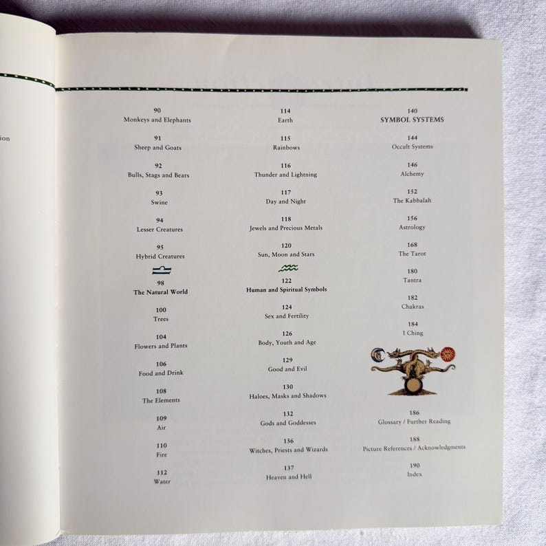 May include: An open book showing a table of contents. Topics include "Monkeys and Elephants", "Rainbows", "Alchemy", and "Astrology". The page is white with black text.