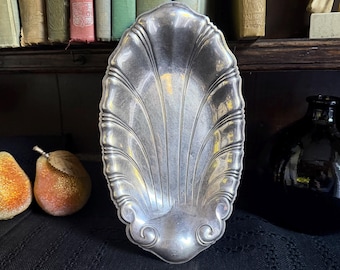 vintage art nouveau shell shaped silverplate tray ·  neptune by 1847 rogers bros  · 1930s vanity dresser trinket dish · mermaid's table