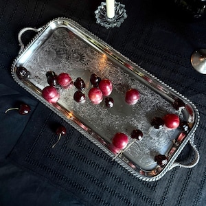 vintage silver plated waiter tray · 22” x 9” · shell & acanthus serving tray · epc heavy rectangular bar tray · circa 1940s