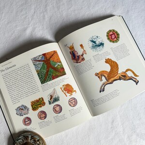 May include: An open book displaying illustrations of the elements. The left page has text and a colourful illustration of a human figure. The right page shows a winged horse and other images, with measurements in centimetres.