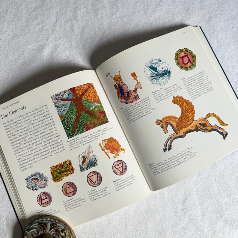 May include: An open book displaying illustrations of the elements. The left page has text and a colourful illustration of a human figure. The right page shows a winged horse and other images, with measurements in centimetres.