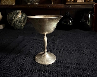 May include: A silver-toned metal goblet featuring a wide, flared bowl, a slender stem with a central decorative node, and a circular base. The surface of the vessel displays a weathered, matte finish with subtle signs of oxidation and wear.