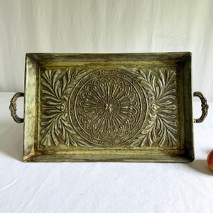 Vintage Embossed Metal Tray ·  19” x 11” Raised Footed Serving Tray · Antiqued Verdigris Finish · Coffee Table Decor