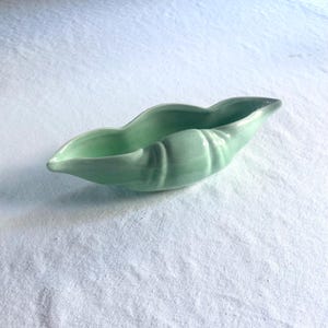 Puede incluir: Un plato de cerámica verde claro con una forma alargada inusual. El plato tiene un acabado liso y brillante y una textura sutilmente acanalada en los lados. El diseño recuerda a una hoja o vaina estilizada, ideal para servir salsas o artículos pequeños.