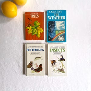 May include: Four vintage guide books: "Trees", "The Weather", "Butterflies", and "Insects". The books have colorful covers with illustrations of leaves, weather patterns, butterflies, and insects. Two yellow lemons are in the upper left corner.