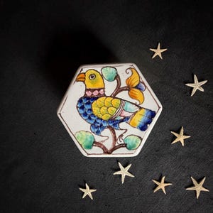 May include: A hexagonal ceramic tile featuring a hand-painted illustration of a bird with a yellow head, blue and yellow wings, and a pink collar, perched on brown branches with green and yellow leaves, surrounded by six small white starfish.