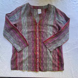 Roamans Vintage Button Down Shirt Bluse Damen Gr. 42 XL 100% Baumwolle Global Art Lehrer Lagenlook Boho rose rot salbei grün ocker