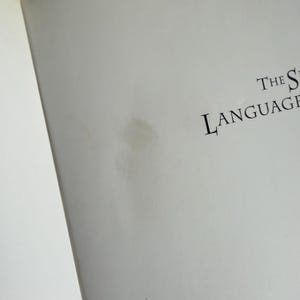 May include: A close-up of a white page with the words "THE LANGUAGE" printed in black. The page has a light brown stain on the right side. The page is slightly angled.