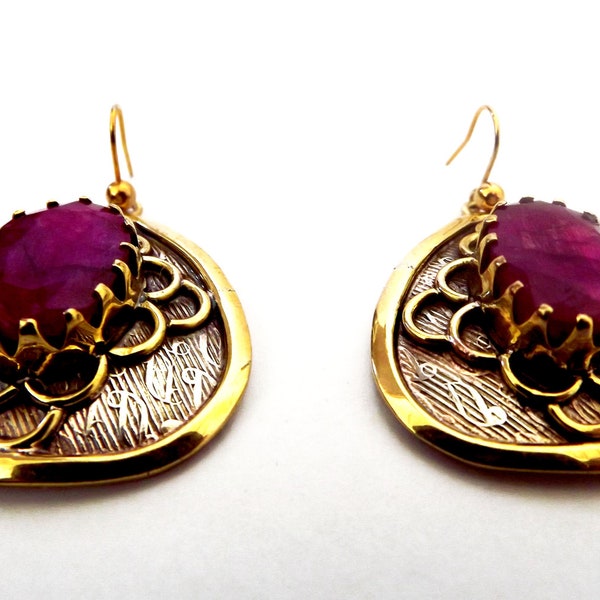 Ruby earrings, genuine cherry ruby, gold earrings, sterling silver gold plated victorian earrings, gemstone earrings