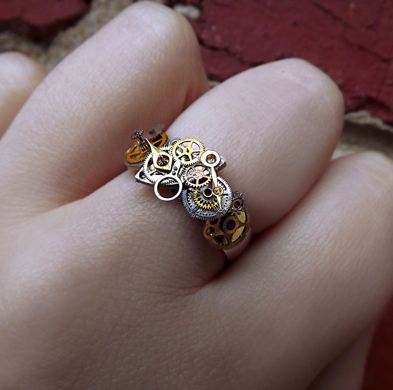 Steampunk ring, stainless steel unisex steampunk ring, watch gear ring, silver, bronze and gold ring, OOAK image 1