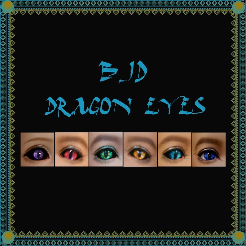 Puede incluir: Un fondo negro con el texto "EJD Dragon Eyes" en azul. Seis im&aacute;genes de ojos de diferentes colores con una pupila de drag&oacute;n.